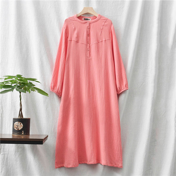 Retro Chinese Style Women Winkled Linen and Cotton Long Sleeve Dress