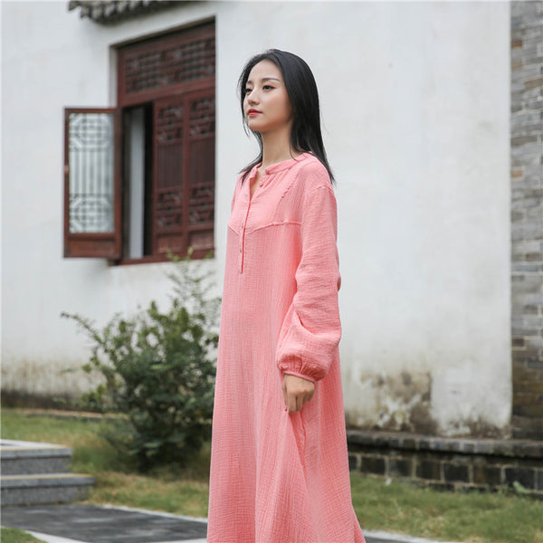 Retro Chinese Style Women Winkled Linen and Cotton Long Sleeve Dress