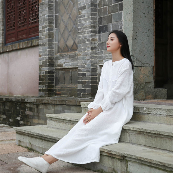Retro Chinese Style Women Winkled Linen and Cotton Long Sleeve Dress