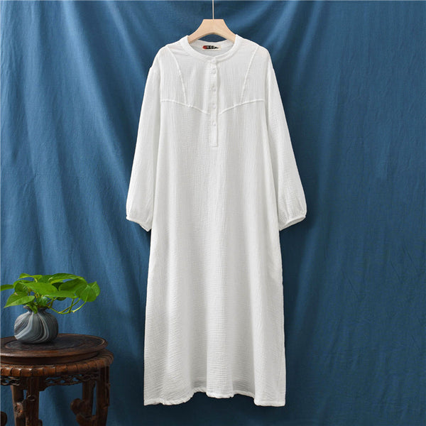 Retro Chinese Style Women Winkled Linen and Cotton Long Sleeve Dress