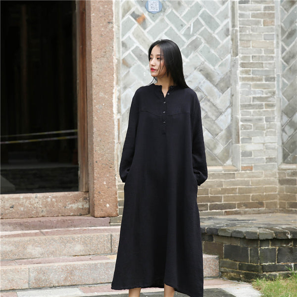 Retro Chinese Style Women Winkled Linen and Cotton Long Sleeve Dress