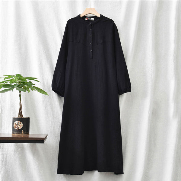 Retro Chinese Style Women Winkled Linen and Cotton Long Sleeve Dress