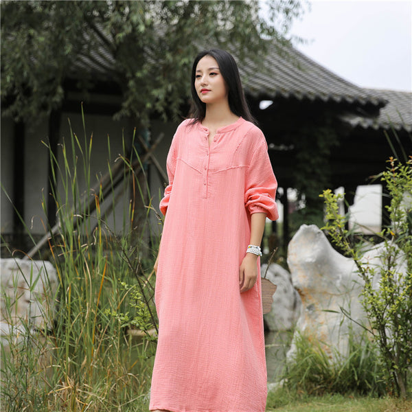 Retro Chinese Style Women Winkled Linen and Cotton Long Sleeve Dress