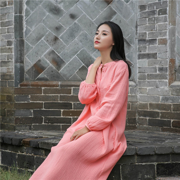 Retro Chinese Style Women Winkled Linen and Cotton Long Sleeve Dress