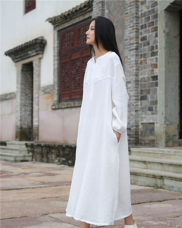 Retro Chinese Style Women Winkled Linen and Cotton Long Sleeve Dress