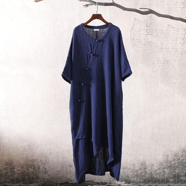 Women Retro Buckle Short-sleeved Linen and Cotton Dress