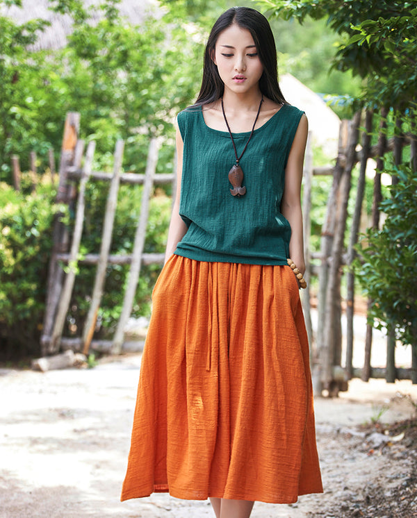 Women Simple Linen and Cotton Maxi Skirt