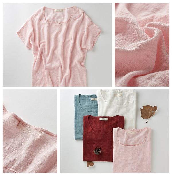 Original Simple Loose Women cotton and linen Half-sleeved Round Neck T-shirt
