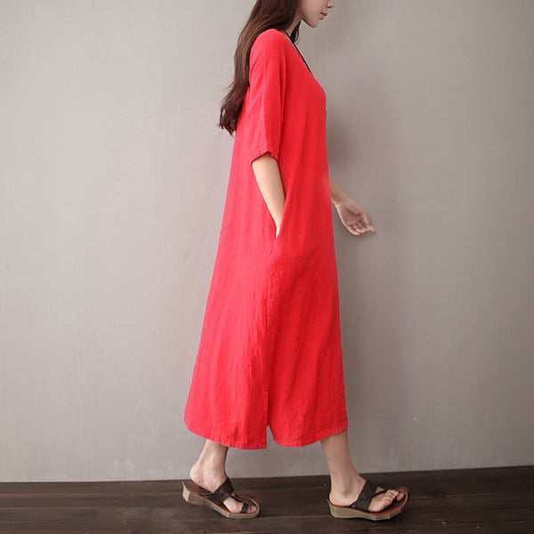 Women Pure Color Artistic Loose Sleeve Dress