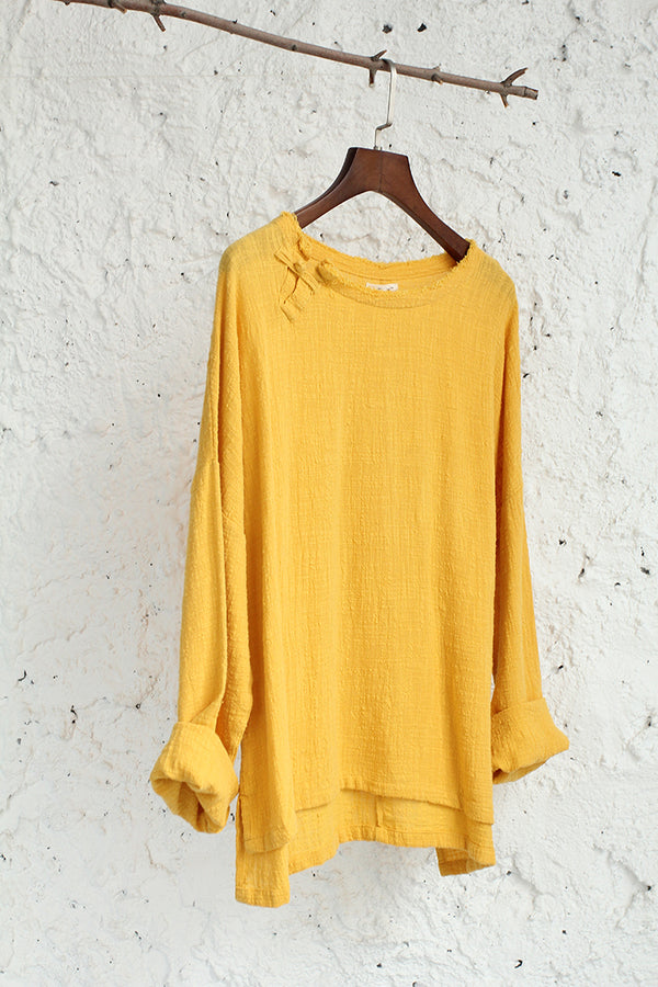 Woman Linen and Cotton T-Shirt – Art Loose Large Wrinkled Long Sleeve Cotton and Linen T-Shirts