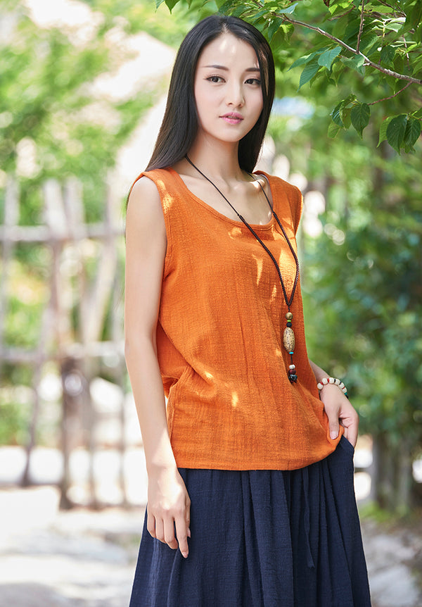 Women cotton and linen Sleeveless summer thin loose vest style t-shirt