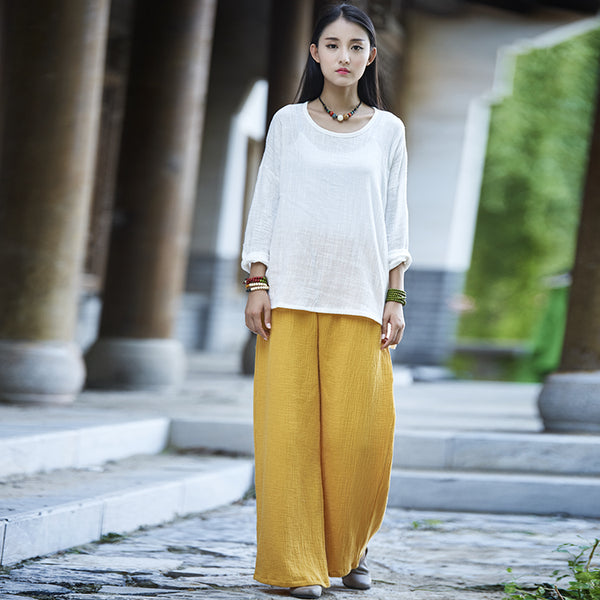 Women Casual Large Loose Wide Leg Linen and Cotton Pants