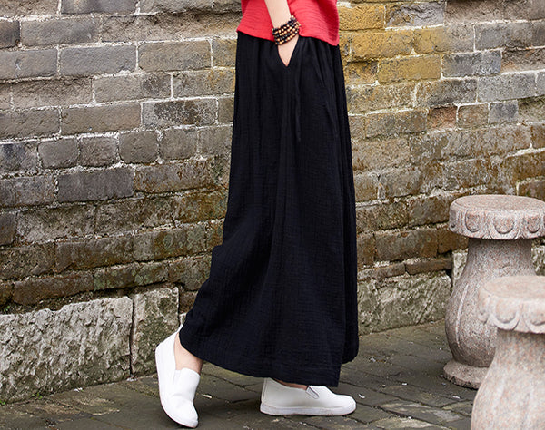 Women Loose Wide Leg Yoga Skirt Type Linen and Cotton Pants