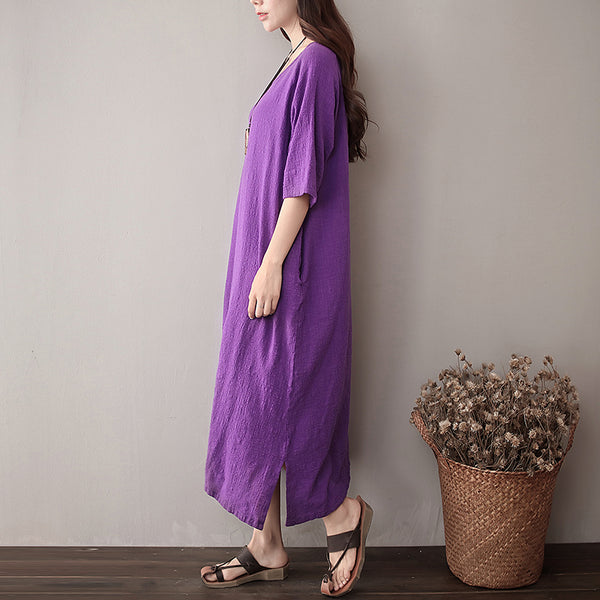 Women Pure Color Artistic Loose Sleeve Dress