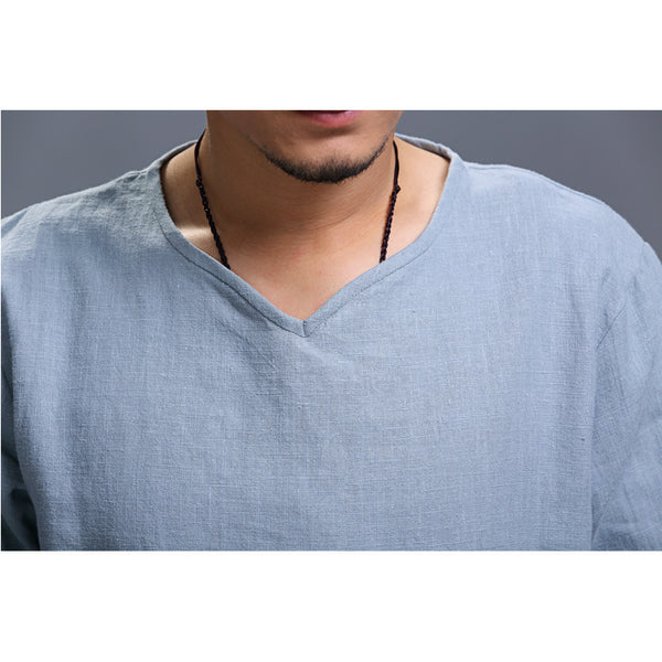 Men Loose Causal V Collar Linen and Cotton Short Sleeve T-shirt Top