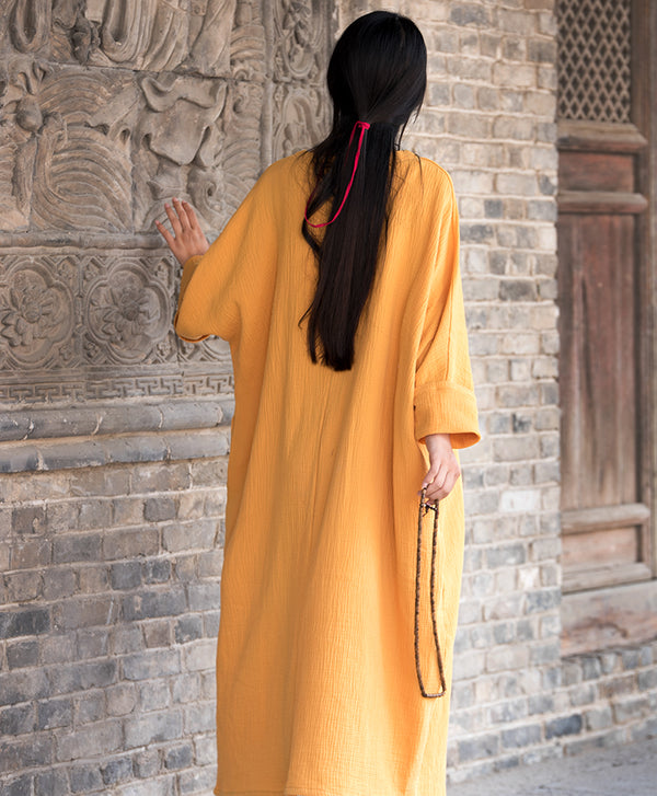 Women Asian Arts Retro Style Loose Cotton and Linen Dress