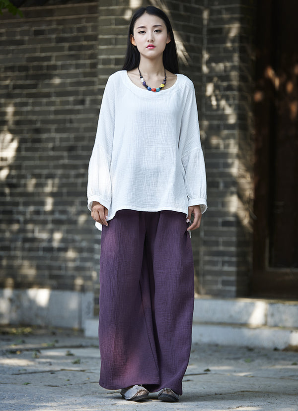 Women Casual Large Loose Wide Leg Linen and Cotton Pants