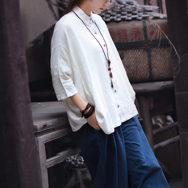 Women Pure Color Causal Linen and Cotton Loose Cardigan Shirt