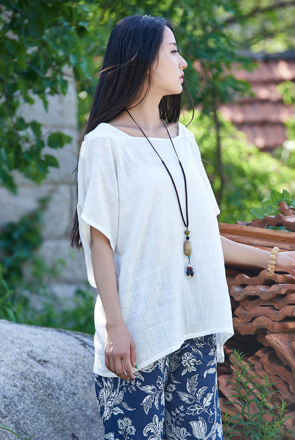 Original Simple Loose Women cotton and linen Half-sleeved Round Neck T-shirt