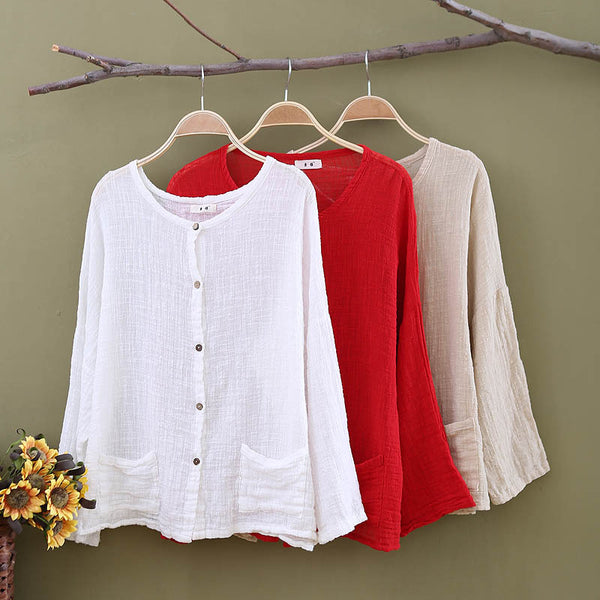 Women Loose Long Sleeve Linen and Cotton Cardigan Shirt