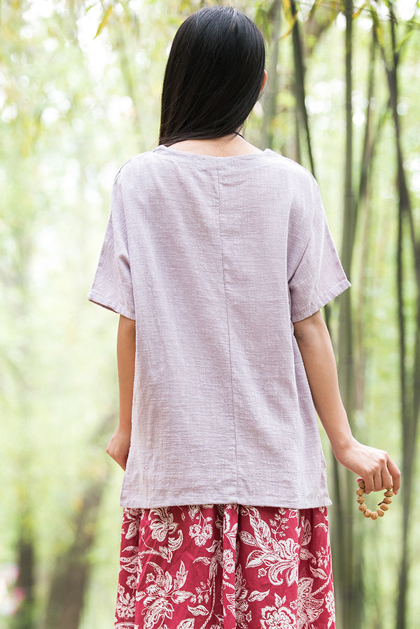 Original Retro Women Cotton and Linen Short Sleeve T-shirt