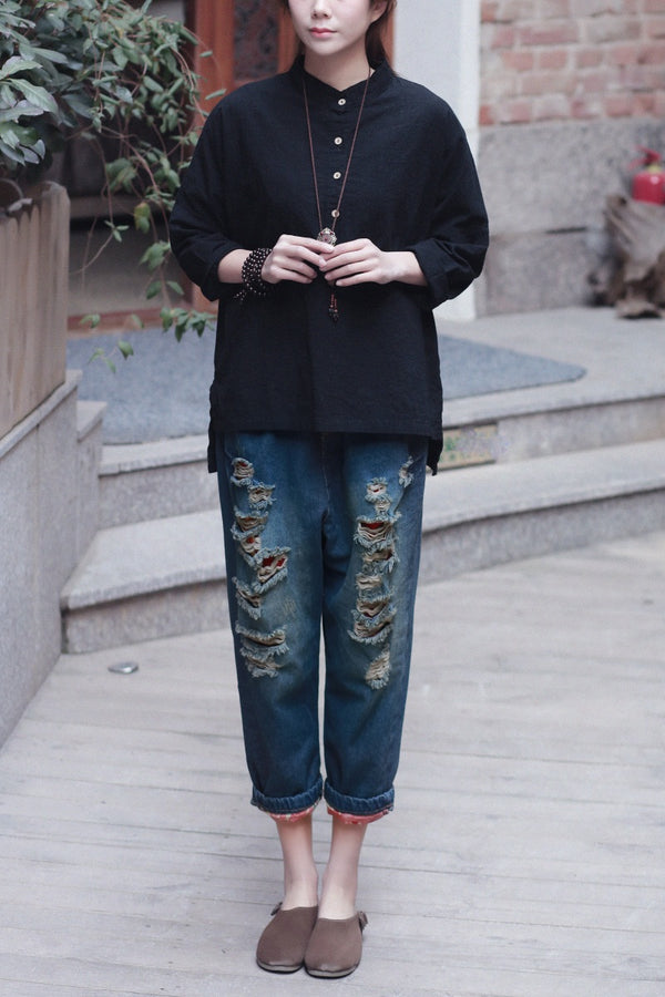 Women Retro Large Loose Linen & Cotton Wrinkled long-sleeved Shirt