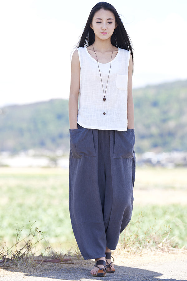 Women Retro Ramie Pure Hemp Sand Washed Big Pocket Pants