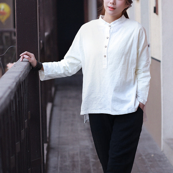 Women Retro Large Loose Linen & Cotton Wrinkled long-sleeved Shirt