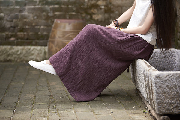 Women Loose Wide Leg Yoga Skirt Type Linen and Cotton Pants