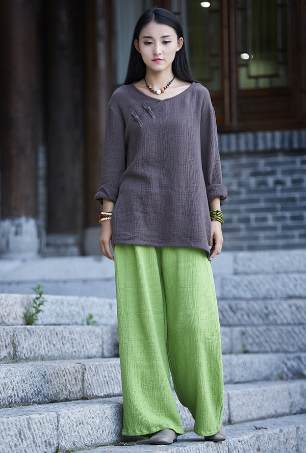 Women Casual Large Loose Wide Leg Linen and Cotton Pants