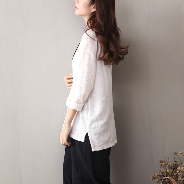 Women Chinese Style Art Retro V-necked Linen & Cotton Wrinkled long-sleeved Blouses
