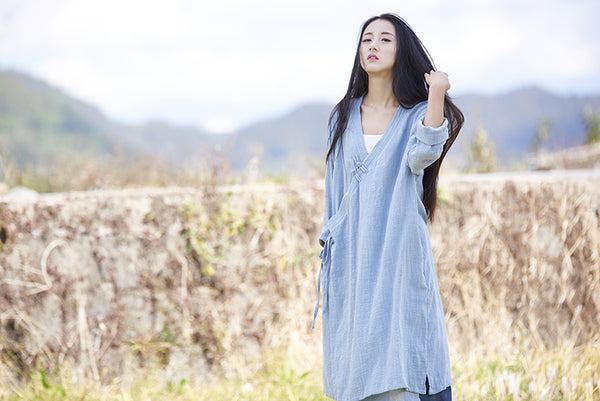 Women Thin and Soft Linen and Cotton Long-sleeved Coat