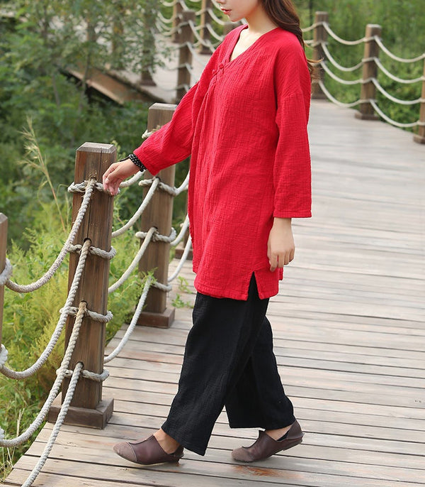 Women Retro Chinese style V-neck cardigan long-sleeved women’s coat style shirt