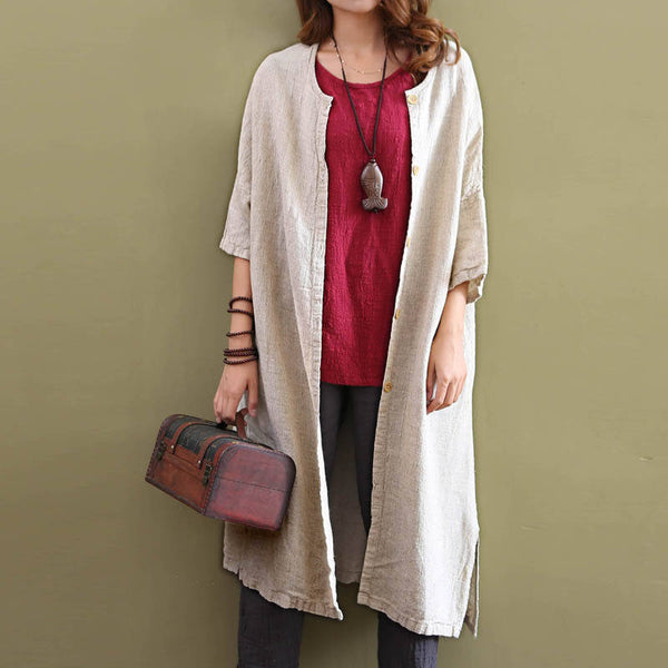 Women Leisure Pure Color Loose Linen and Cotton Coat