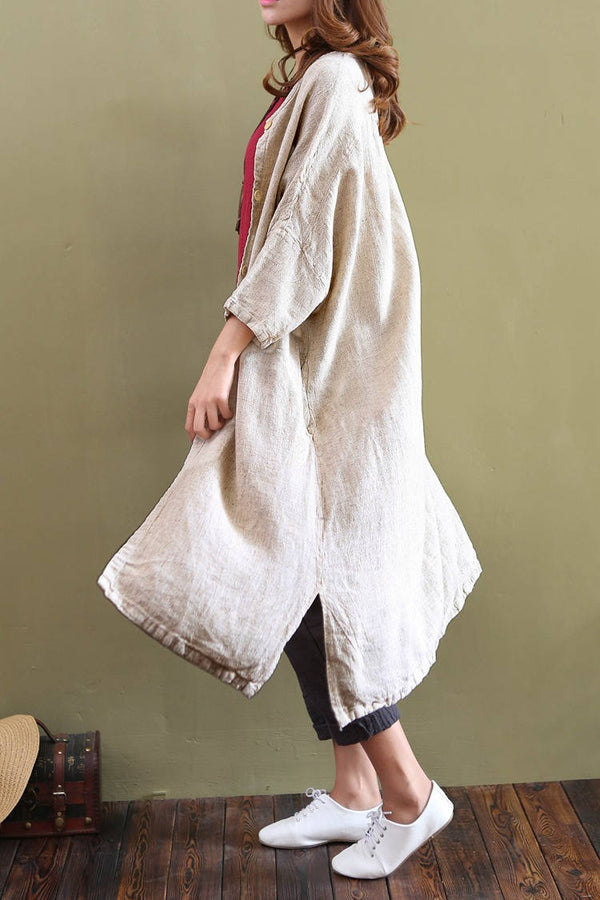 Women Leisure Pure Color Loose Linen and Cotton Coat