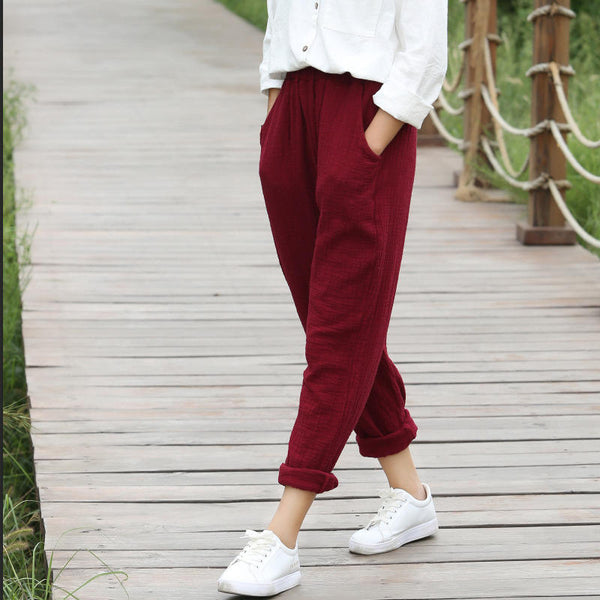 Women Pure Color Soft Loose Causal Linen and Cotton Pants