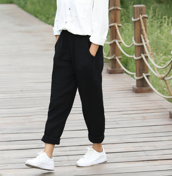 Women Pure Color Soft Loose Causal Linen and Cotton Pants