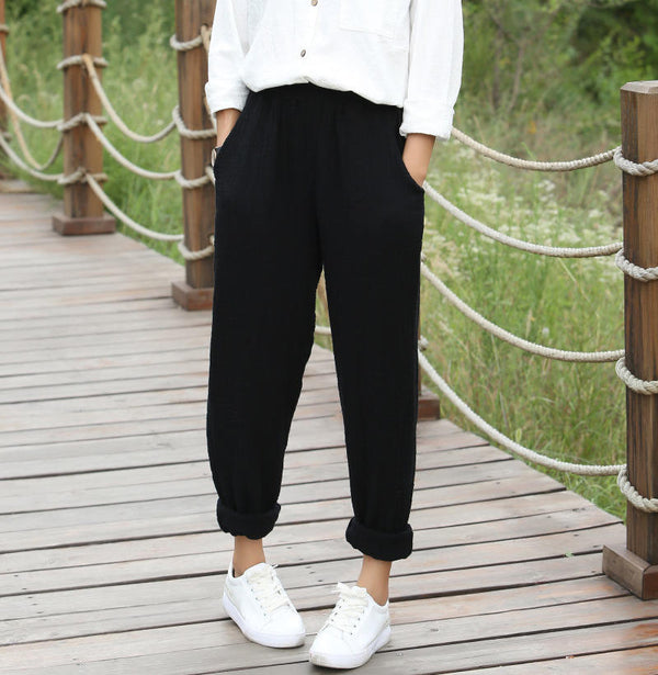 Women Pure Color Soft Loose Causal Linen and Cotton Pants