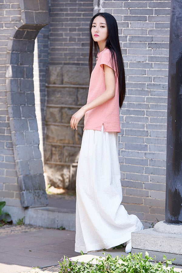 Women Loose Wide Leg Yoga Skirt Type Linen and Cotton Pants