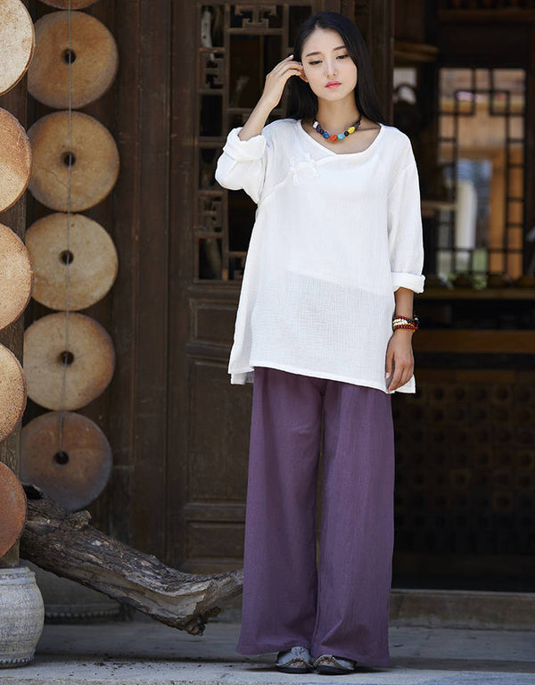 Women Loose Water Wash Linen and Cotton Wide Leg Pants