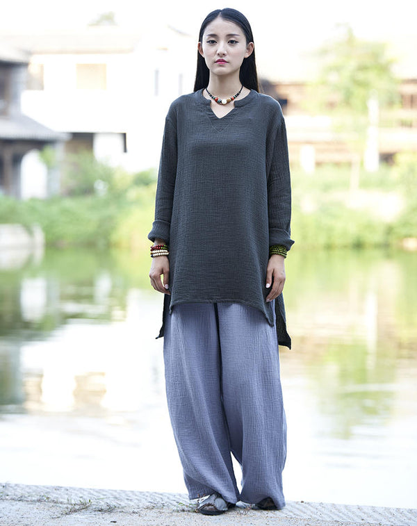 Women Casual Large Loose Wide Leg Linen and Cotton Pants