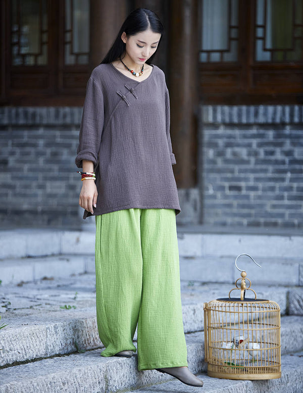 Women Casual Large Loose Wide Leg Linen and Cotton Pants