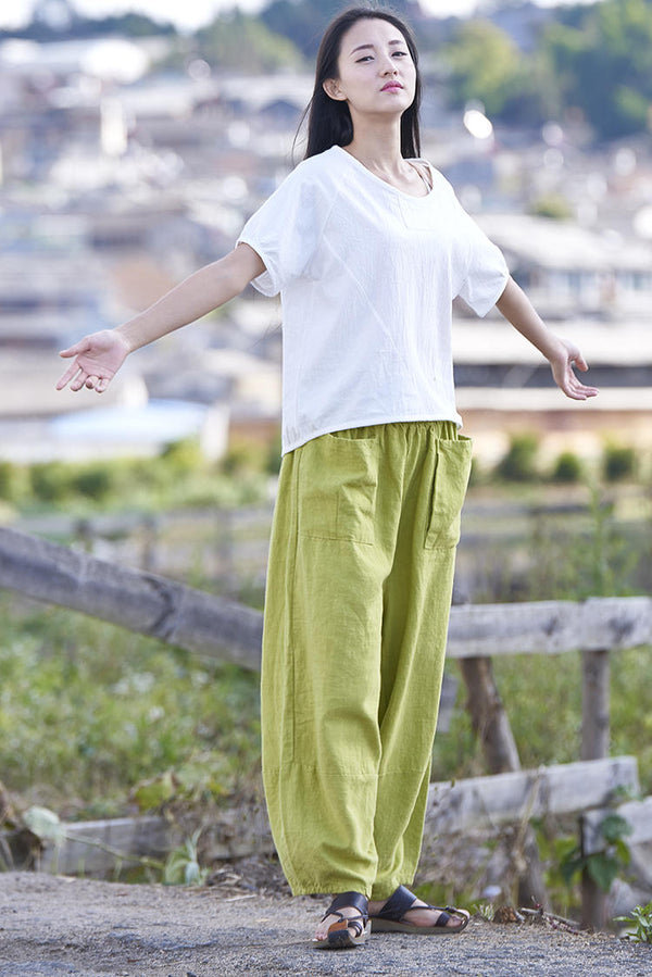Women Retro Ramie Pure Hemp Sand Washed Big Pocket Pants