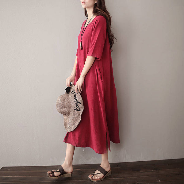 Women Pure Color Artistic Loose Sleeve Dress