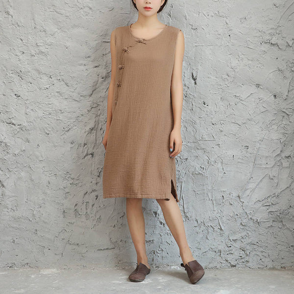 Women Retro Chinese Style Buckle Middle Long Linen and Cotton Knee Length Dress