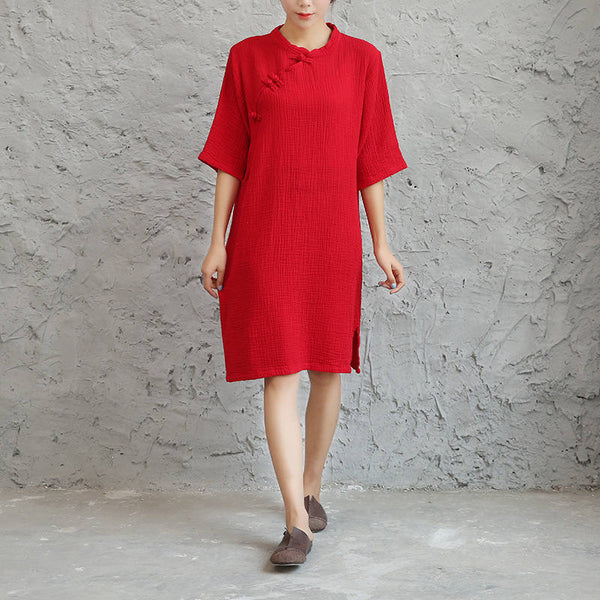 Women Retro Chinese Style Loose Collar Buckle Middle Sleeve Knee Length Dress