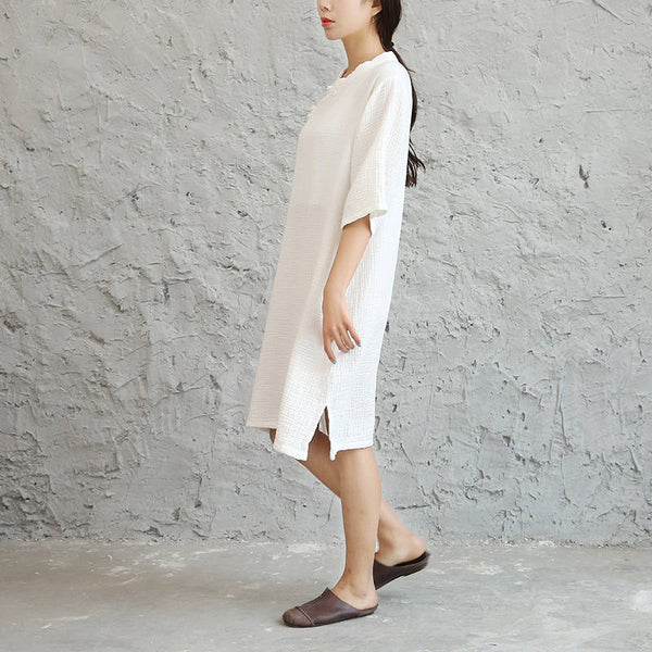 Women Retro Chinese Style Loose Collar Buckle Middle Sleeve Knee Length Dress