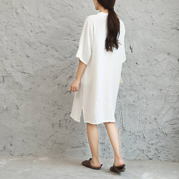 Women Retro Chinese Style Loose Collar Buckle Middle Sleeve Knee Length Dress