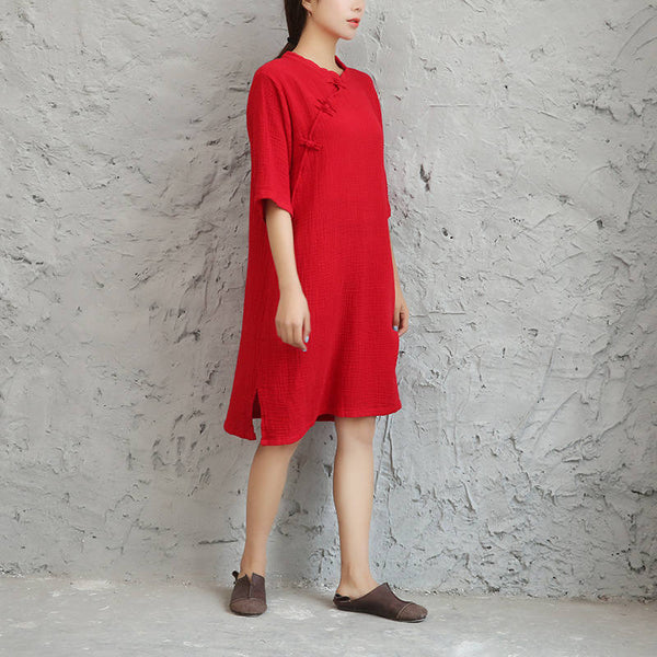 Women Retro Chinese Style Loose Collar Buckle Middle Sleeve Knee Length Dress