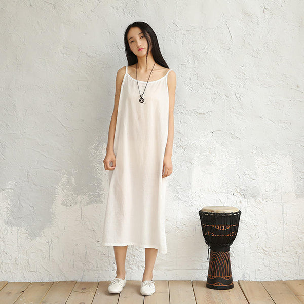 Women Large Loose Harness Linen and Cotton Dress